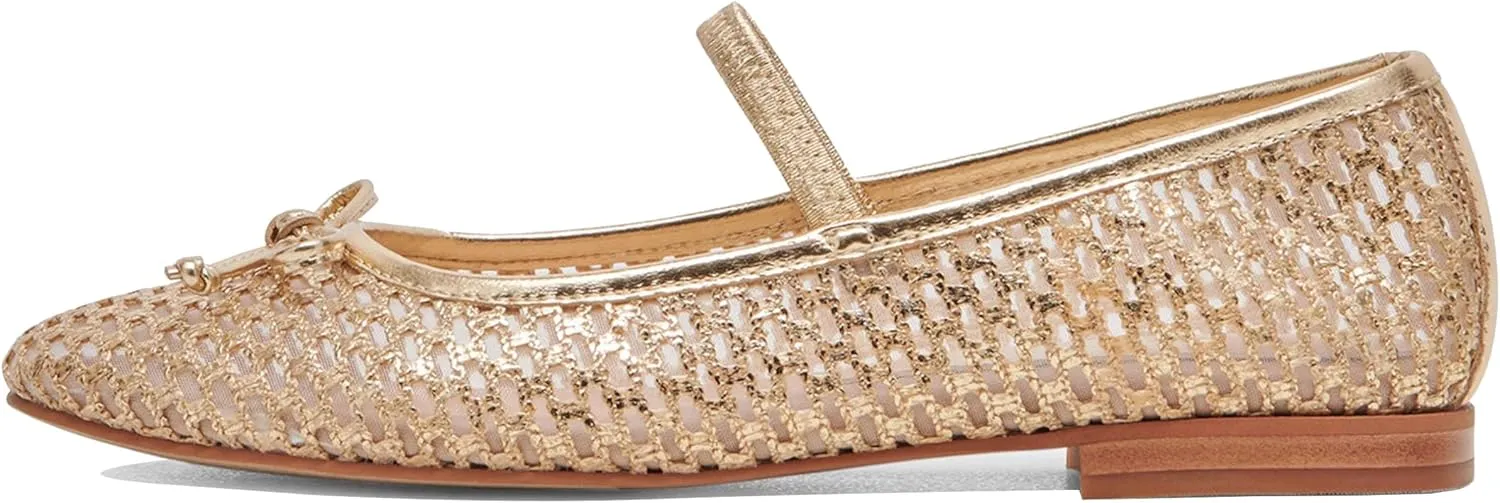 Gold Woven Mesh Flats for Women Breathable Mesh Ballet Flats with Cute Bows, Dressy Fishnet Shoes with Round Toe for Comfort and Style Size 9.5