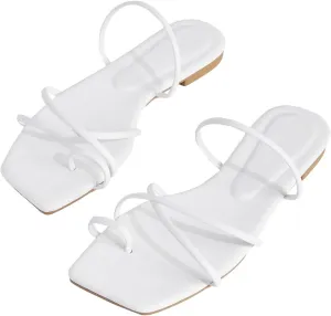 GORGLITTER Women's Metallic Strappy Sparkly Sandals Dressy Cute Slip on Slide Vacation Summer Weeding Flats Sandals