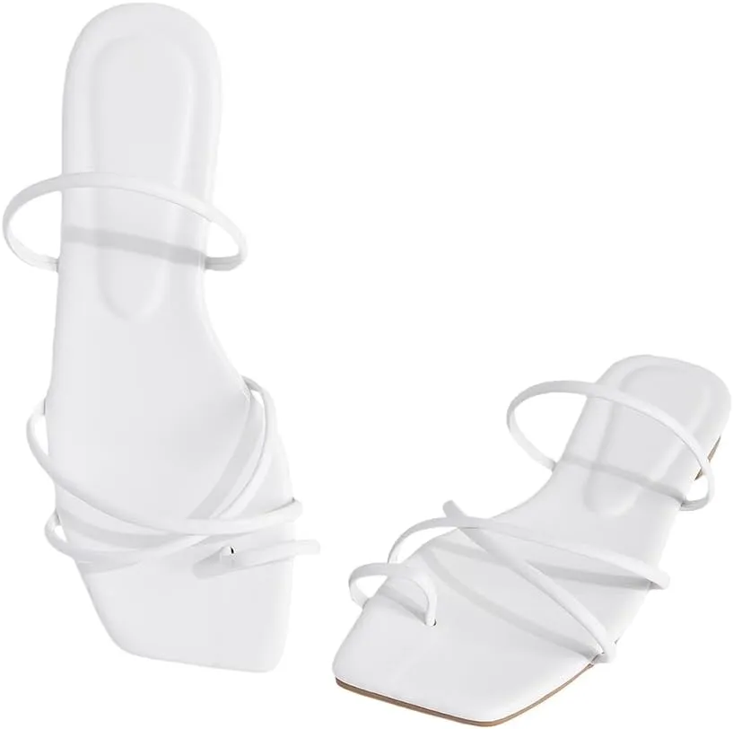 GORGLITTER Women's Metallic Strappy Sparkly Sandals Dressy Cute Slip on Slide Vacation Summer Weeding Flats Sandals