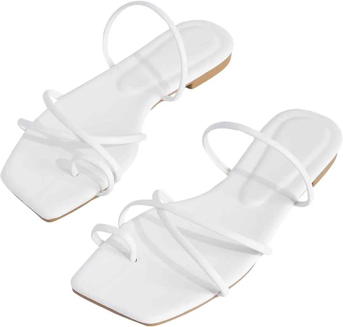 GORGLITTER Women's Metallic Strappy Sparkly Sandals Dressy Cute Slip on Slide Vacation Summer Weeding Flats Sandals