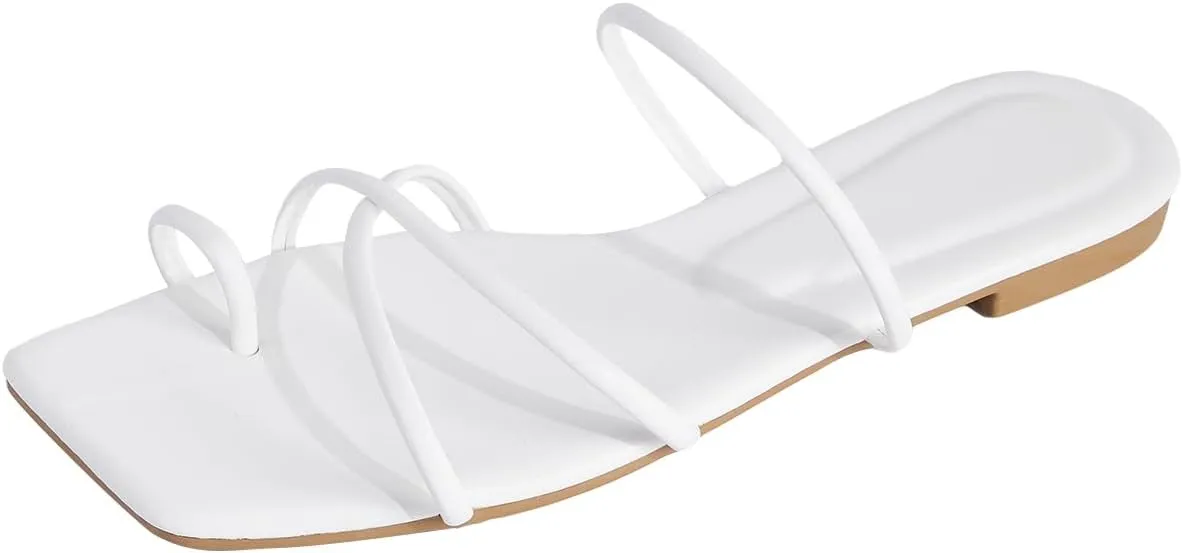 GORGLITTER Women's Metallic Strappy Sparkly Sandals Dressy Cute Slip on Slide Vacation Summer Weeding Flats Sandals