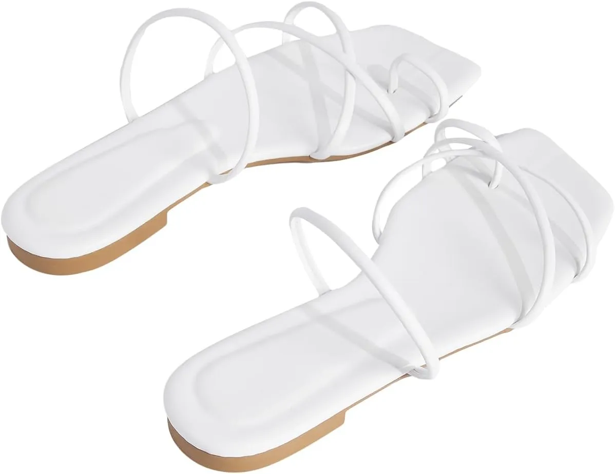 GORGLITTER Women's Metallic Strappy Sparkly Sandals Dressy Cute Slip on Slide Vacation Summer Weeding Flats Sandals