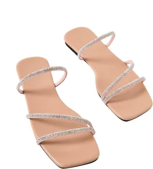 GORGLITTER Women's Rhinestone Flat Strappy Sandals Dress Open Toe Slip on Slide Sandals