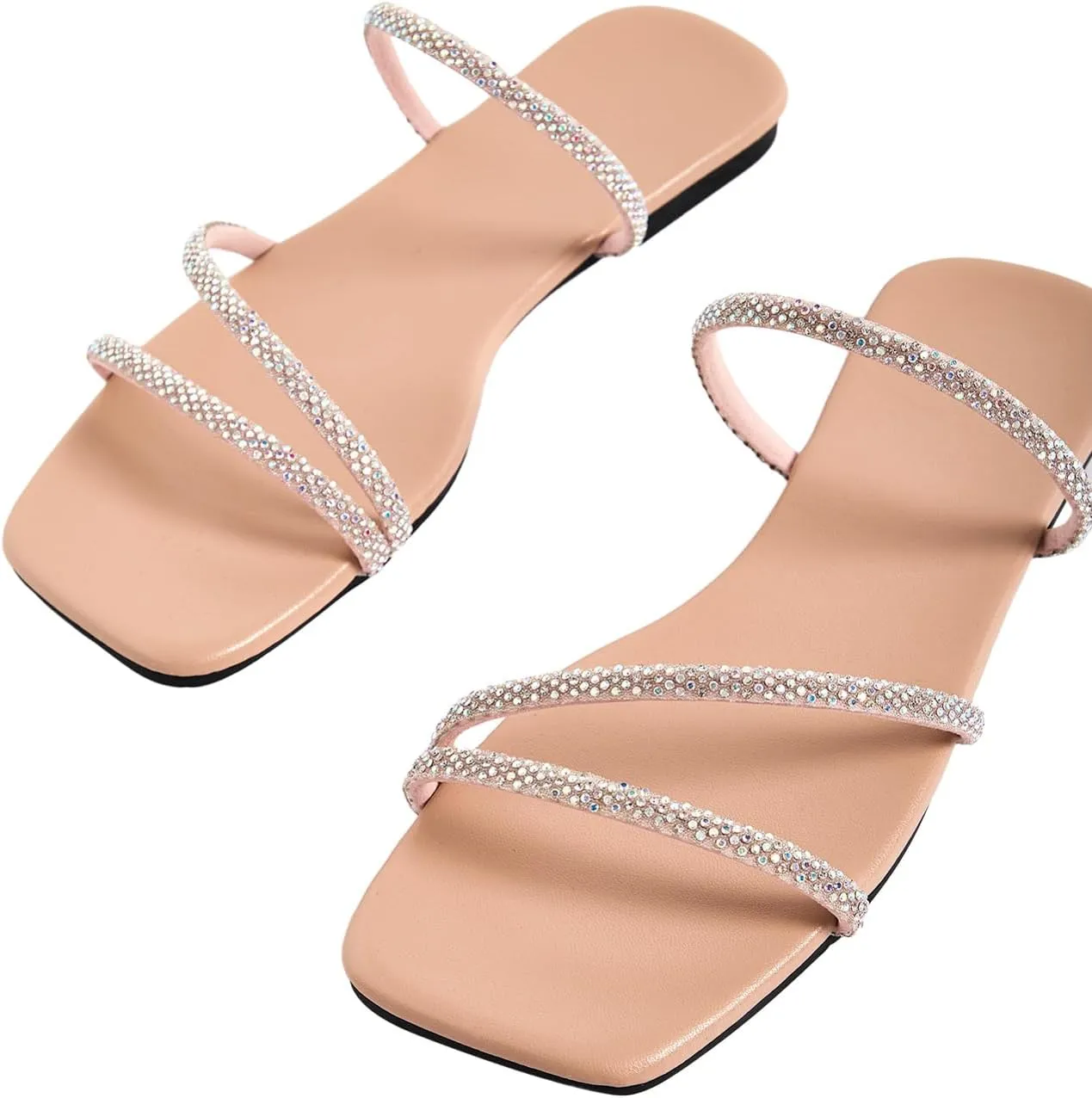 GORGLITTER Women's Rhinestone Flat Strappy Sandals Dress Open Toe Slip on Slide Sandals