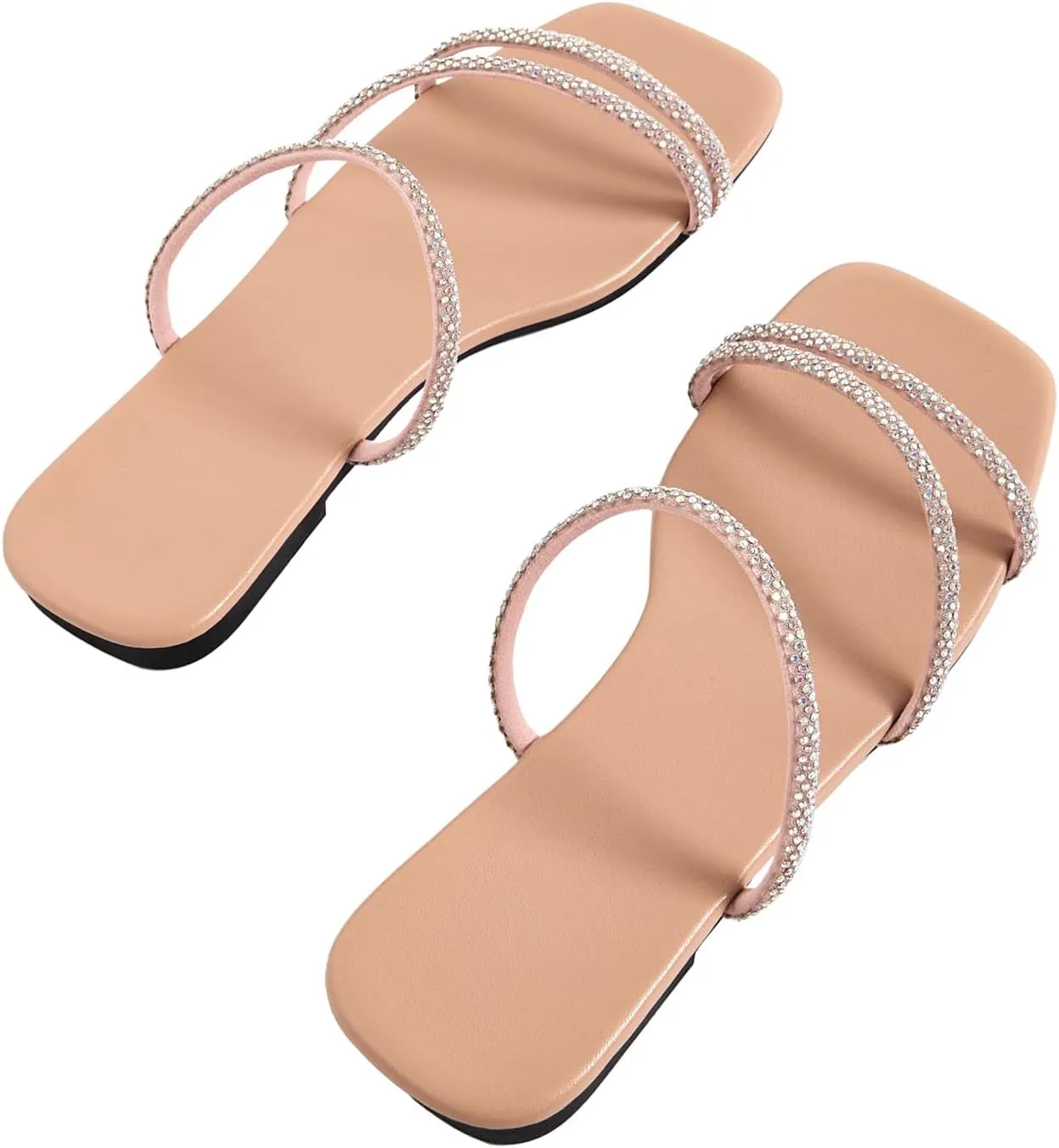 GORGLITTER Women's Rhinestone Flat Strappy Sandals Dress Open Toe Slip on Slide Sandals