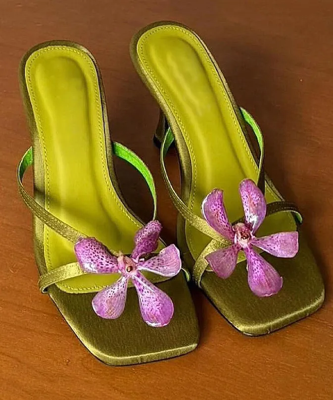 Green Floral Splicing High Heels Slide Sandals Peep Toe