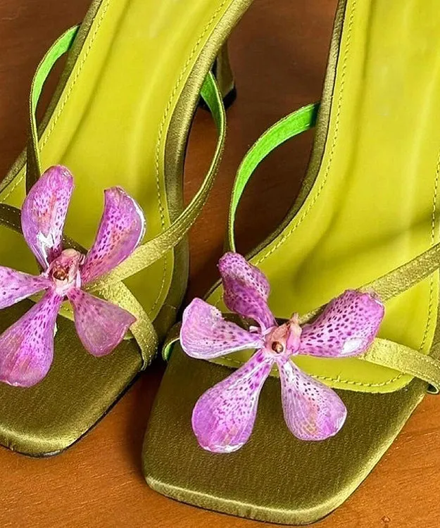 Green Floral Splicing High Heels Slide Sandals Peep Toe