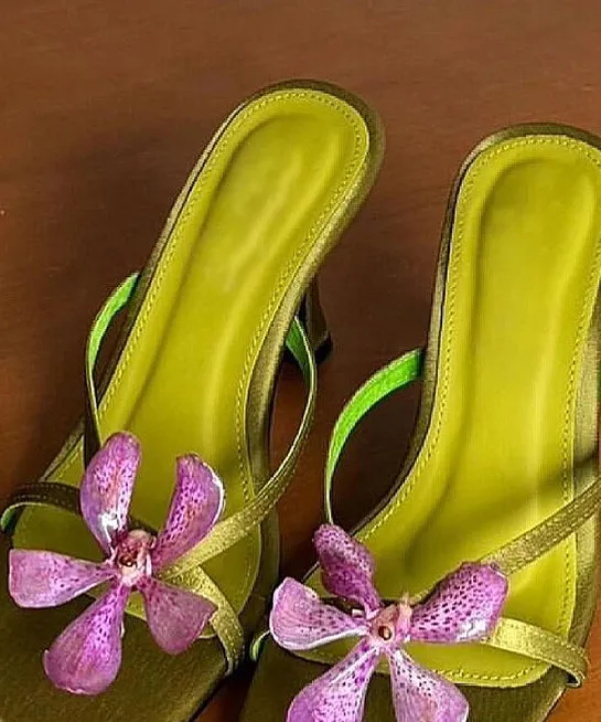 Green Floral Splicing High Heels Slide Sandals Peep Toe