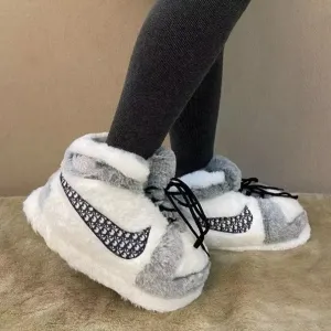 Grey and White Plush Sneaker Slippers