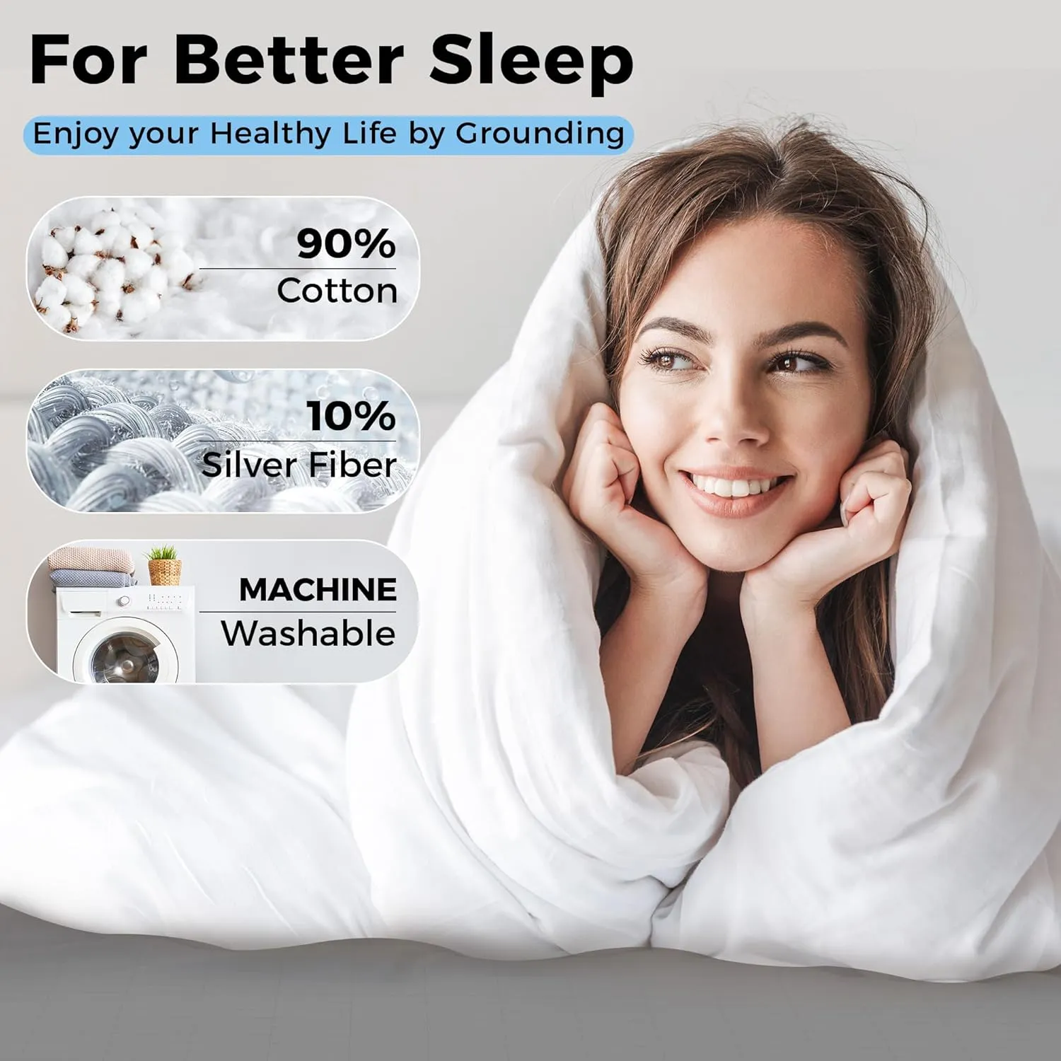 Grounding Sheet King Improve Sleep Conductive Grounding Bed Sheet 10% Pure Silver with 15ft Grounding Cord 76x80in Gray