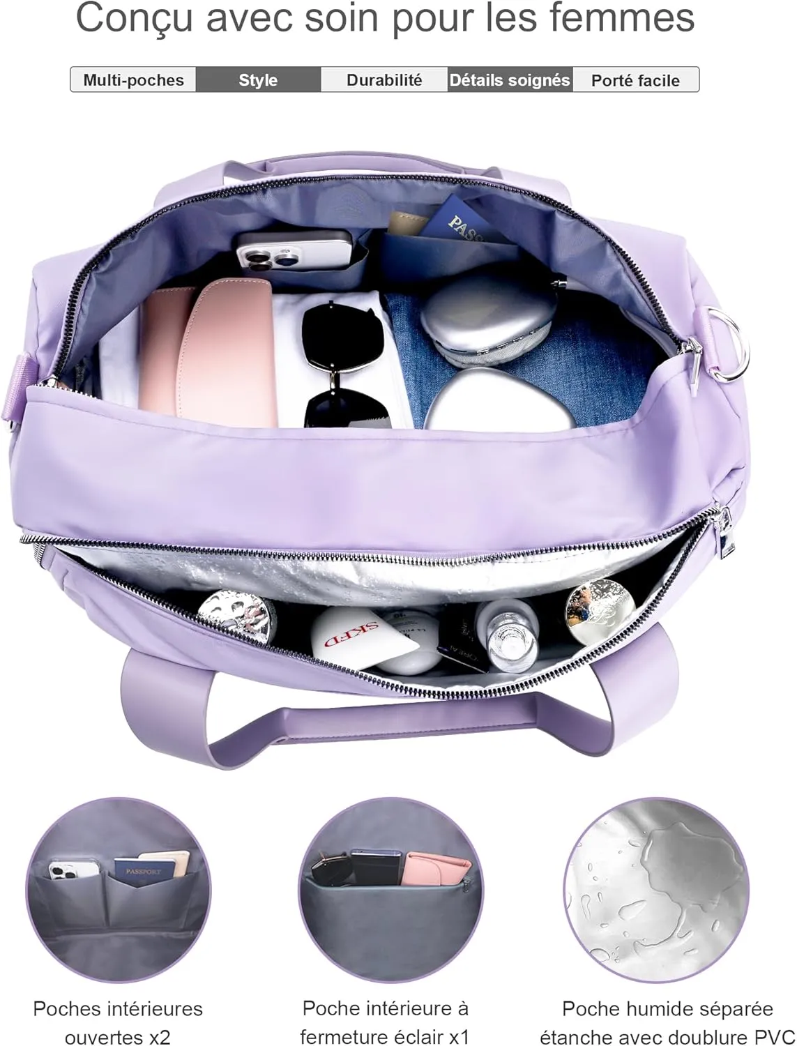 Gym Bag for Women Girls with Shoe Compartment & Wet Pocket - Duffle Bag for Travel Sports Fitness Workout Athletic, 19"-Medium, Purple