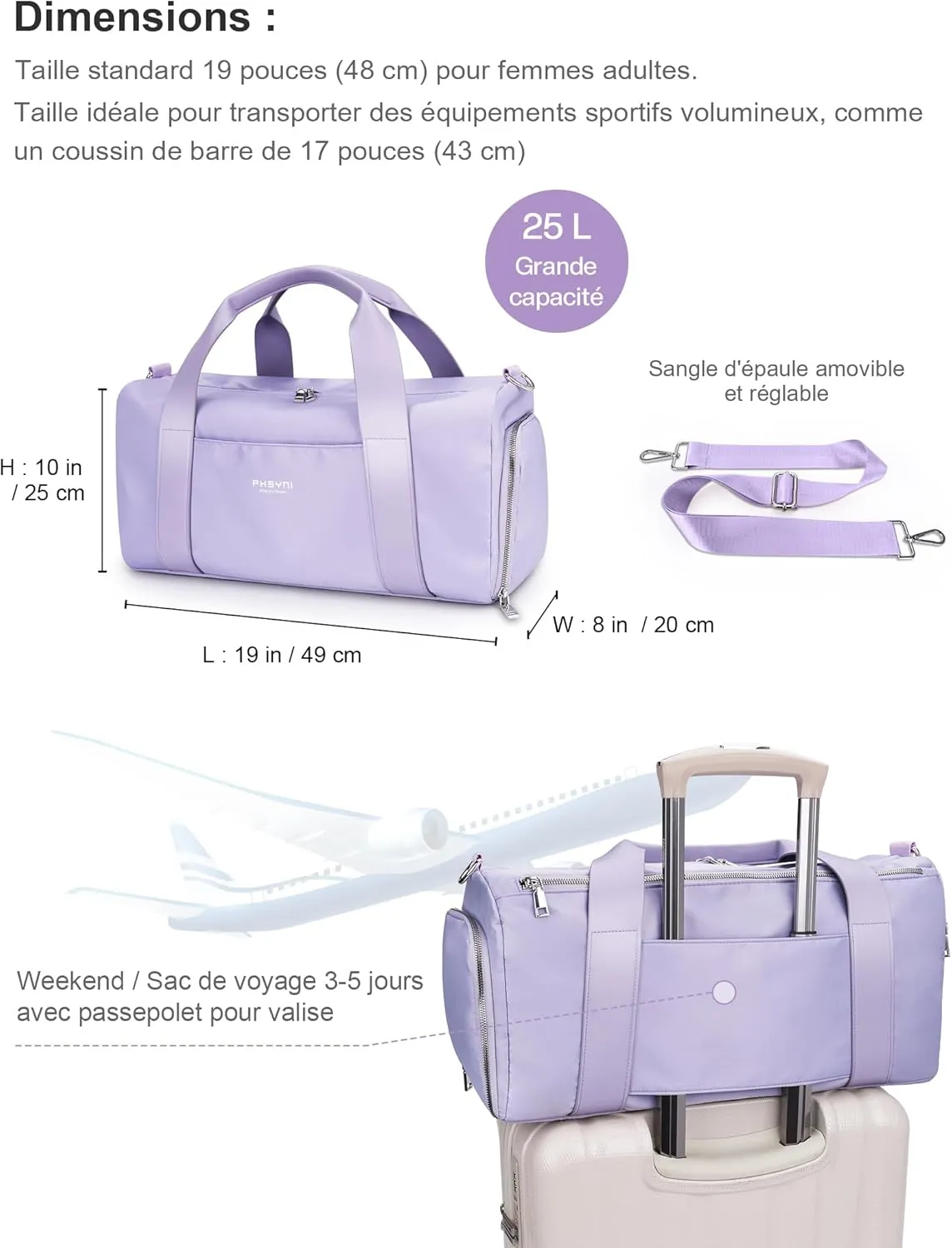 Gym Bag for Women Girls with Shoe Compartment & Wet Pocket - Duffle Bag for Travel Sports Fitness Workout Athletic, 19"-Medium, Purple