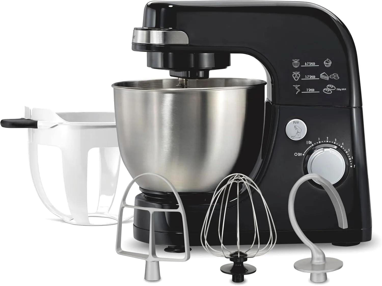 Hamilton Beach Stack & Scrape 7 Speed Electric Stand Mixer, 4 Quarts, Dough Hook, Flat Beater, Whisk Attachments, Splash Guard, Black (63380)