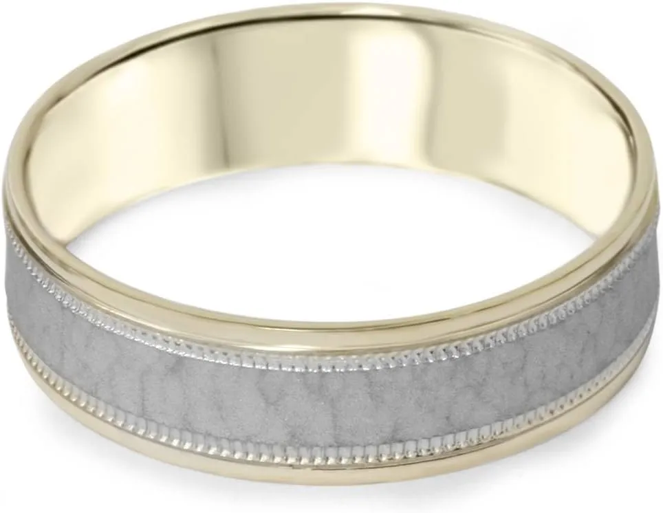 Hammered Two Tone Wedding Band 14K Gold 6mm Flat