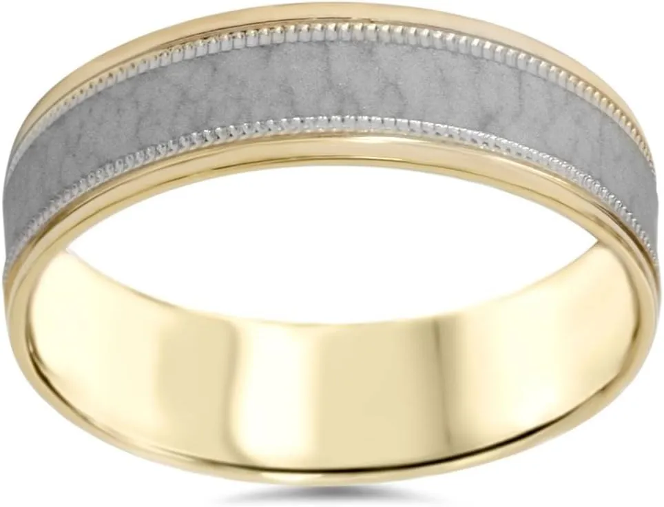 Hammered Two Tone Wedding Band 14K Gold 6mm Flat