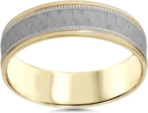 Hammered Two Tone Wedding Band 14K Gold 6mm Flat