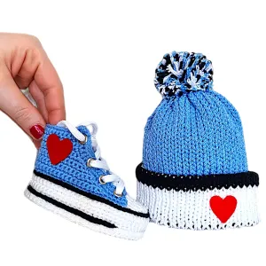 Handmade Blue Crochet Baby Booties Beanie Set, Organic Cotton, Non-Slip, Gender-Neutral Newborn Outfit, Ideal Baby Shower Gift