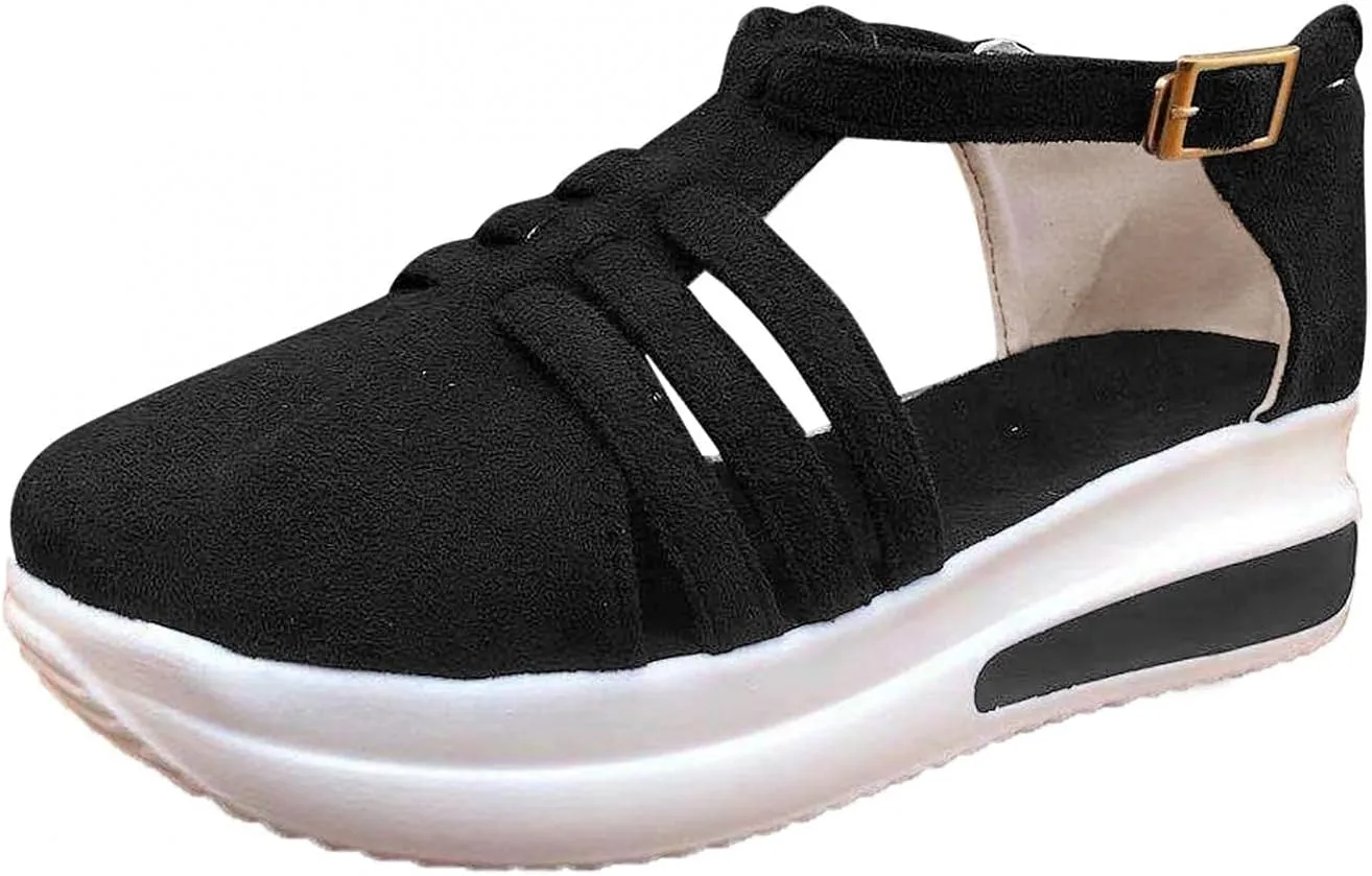 Hbeylia Women's Slip On Loafers Leather Wedge Low Heels Buckle Strap Mule Walking Shoes Sandals Oxfords Soft Comfortable Anti Slip Flats Shoes for Women Ladies