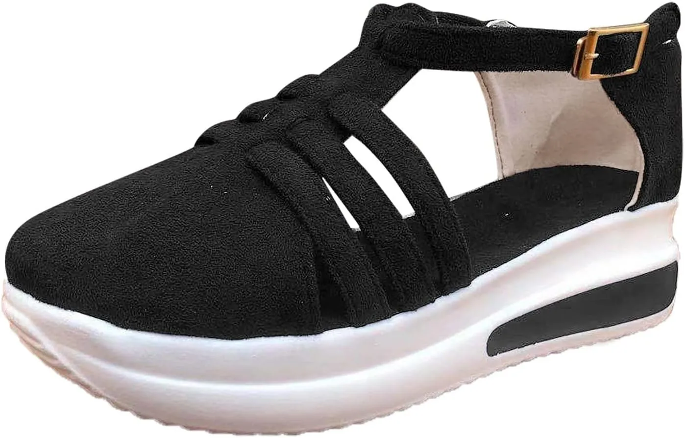 Hbeylia Women's Slip On Loafers Leather Wedge Low Heels Buckle Strap Mule Walking Shoes Sandals Oxfords Soft Comfortable Anti Slip Flats Shoes for Women Ladies