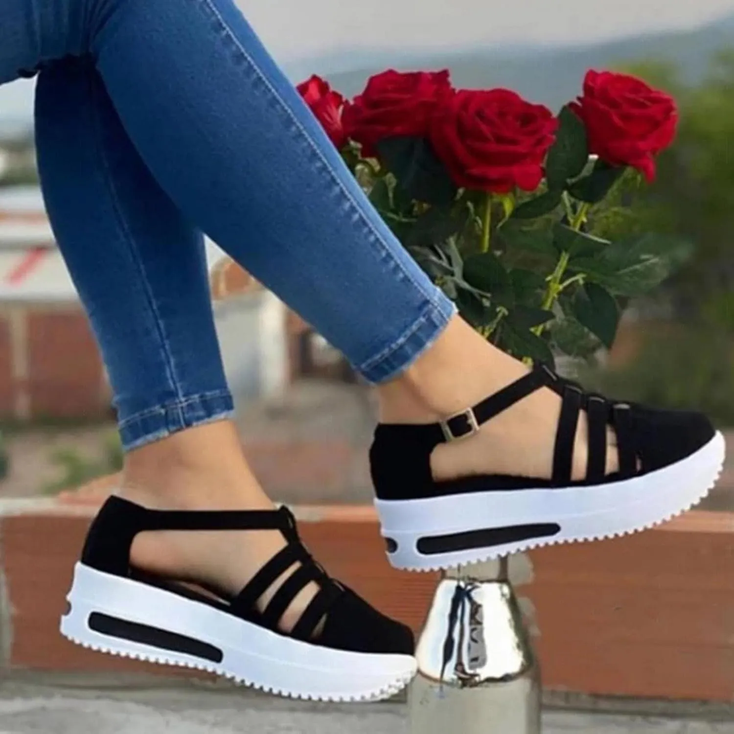 Hbeylia Women's Slip On Loafers Leather Wedge Low Heels Buckle Strap Mule Walking Shoes Sandals Oxfords Soft Comfortable Anti Slip Flats Shoes for Women Ladies