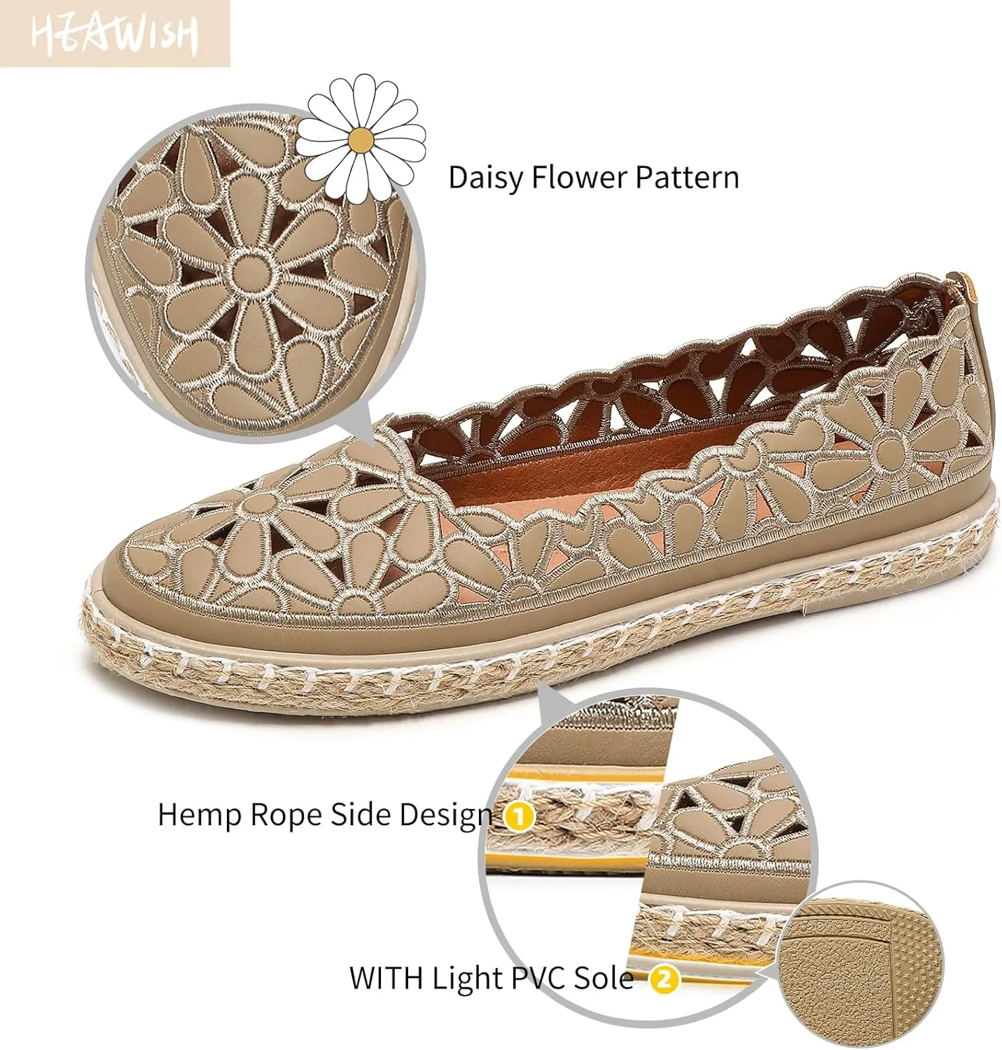 HEAWISH Women’s Ballet Flat Daisy Round Toe Dress Shoes Casual Slip On Rope Loafer