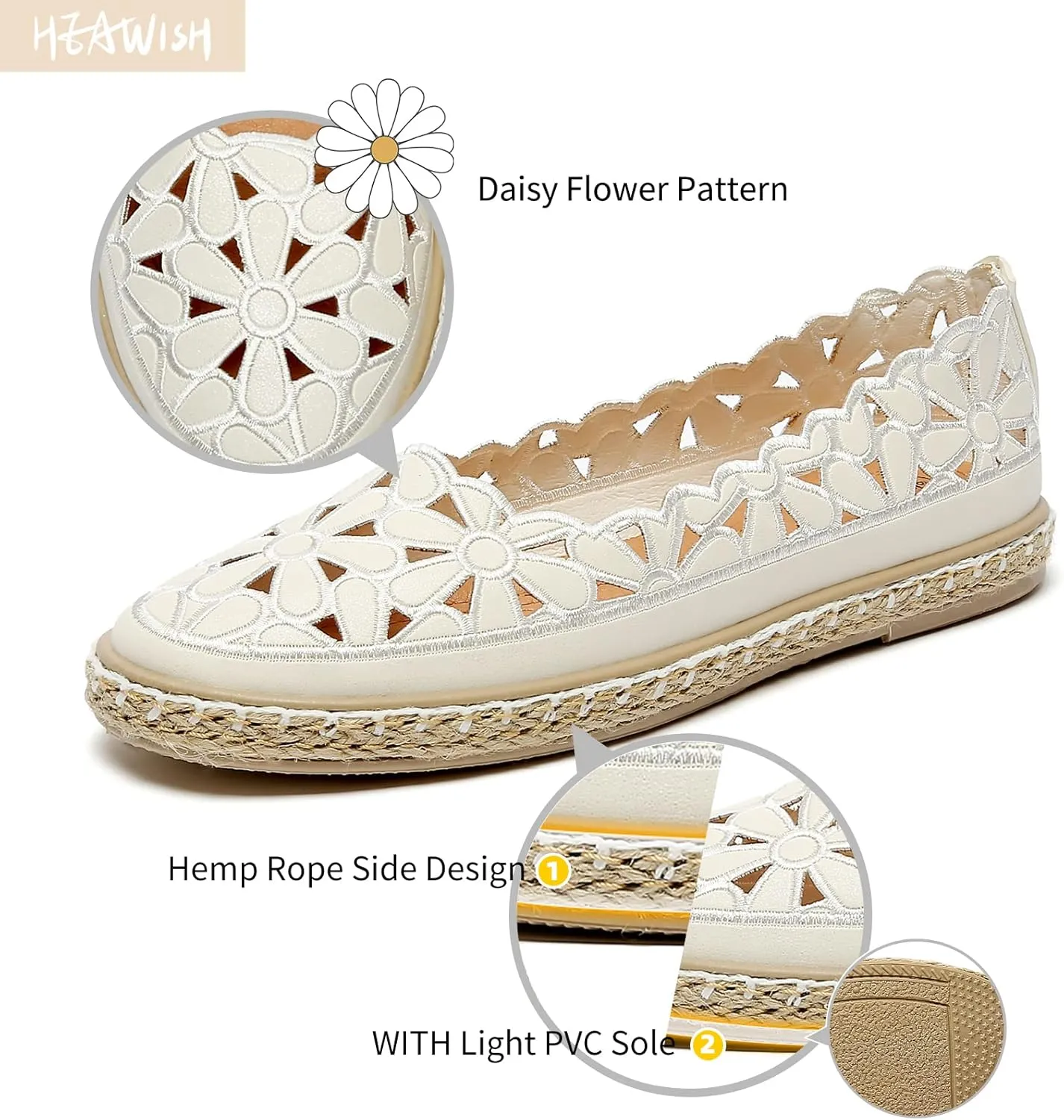 HEAWISH Women’s Ballet Flat Daisy Round Toe Dress Shoes Casual Slip On Rope Loafer