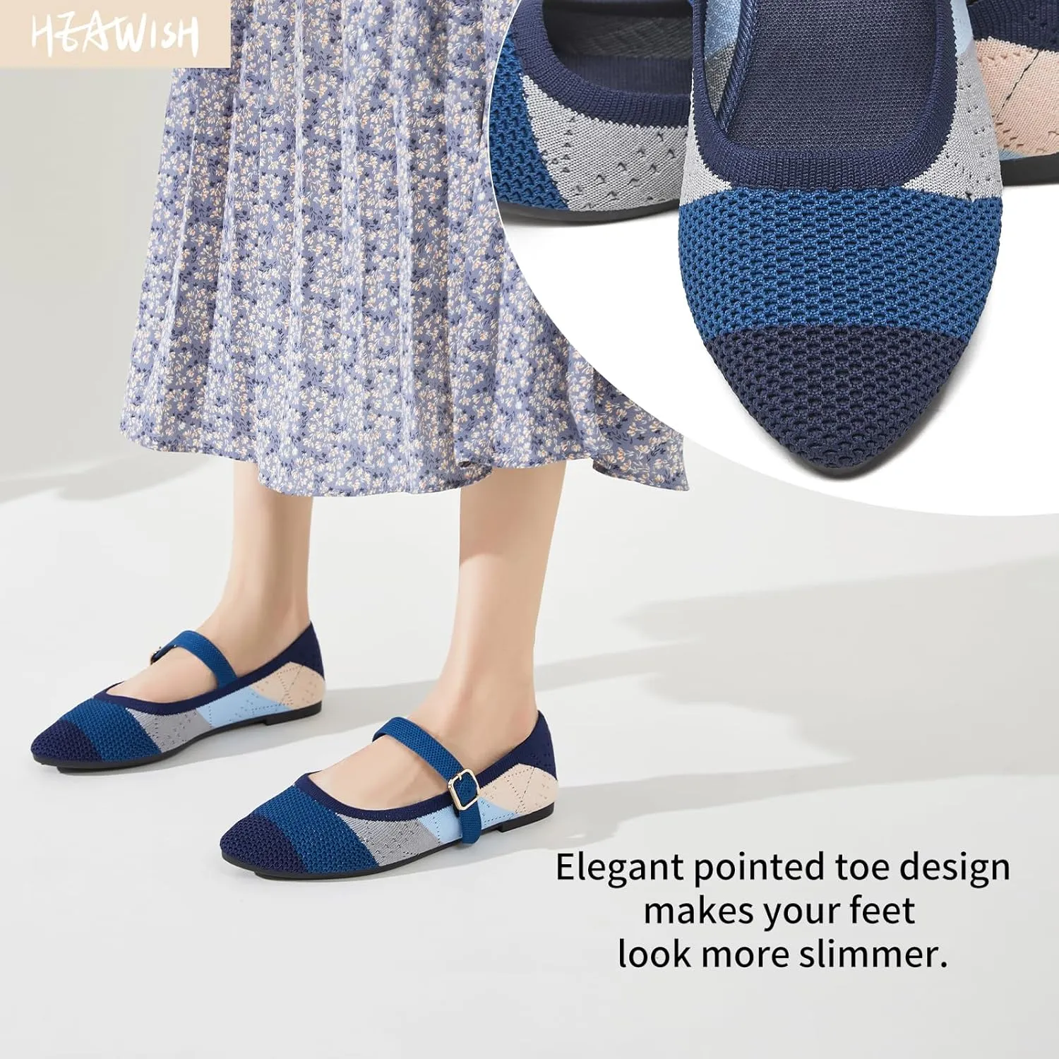 HEAWISH Women's Ballet Flat Shoes Mary Jane Pointed Toe Mesh Flats,Comfortable Slip on Ladies Shoe with Adjustable Strap,Casual Office Dress Flats for Work