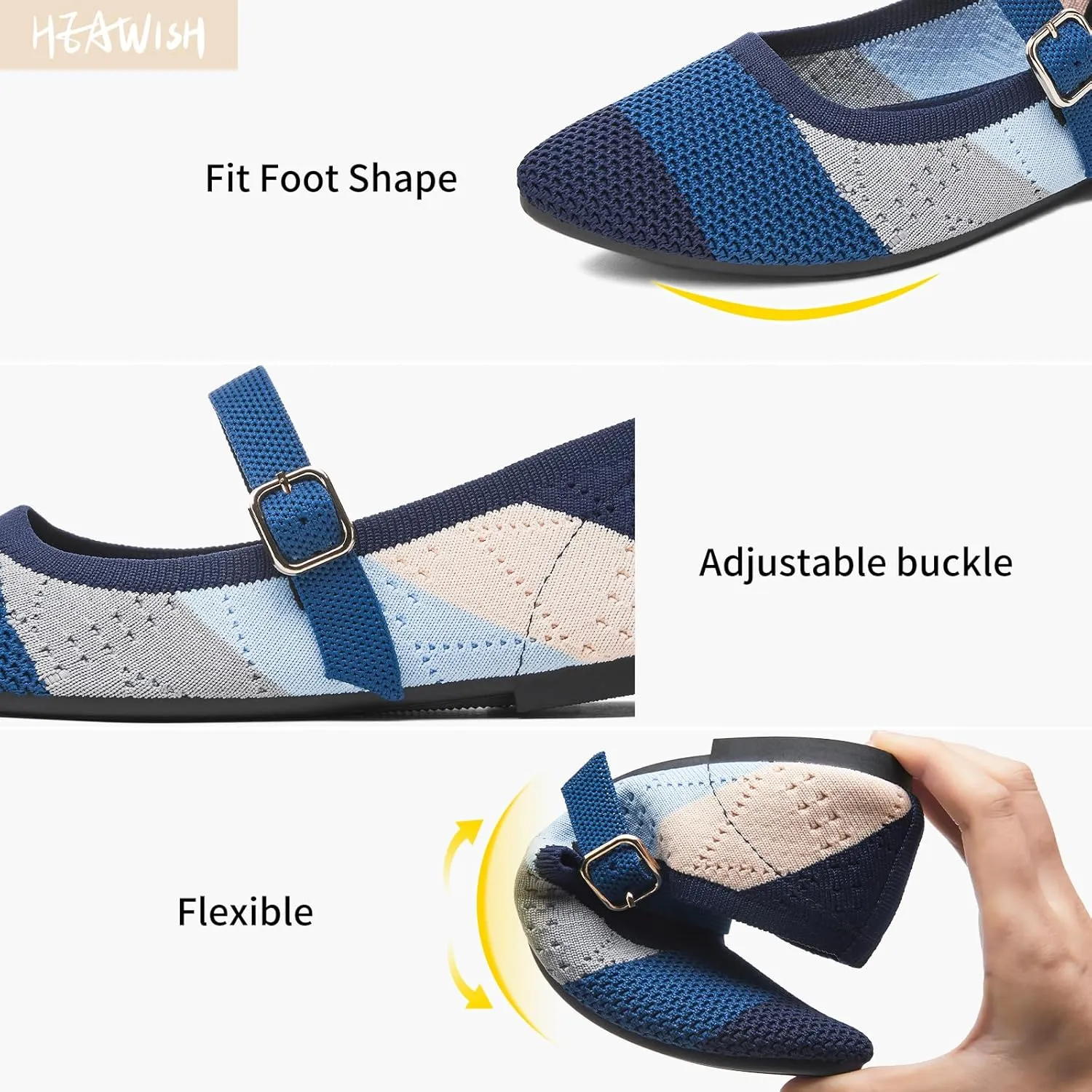 HEAWISH Women's Ballet Flat Shoes Mary Jane Pointed Toe Mesh Flats,Comfortable Slip on Ladies Shoe with Adjustable Strap,Casual Office Dress Flats for Work