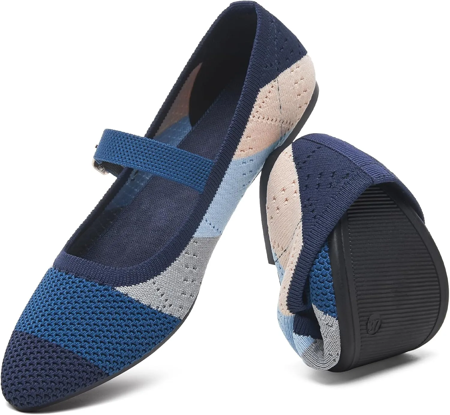 HEAWISH Women's Ballet Flat Shoes Mary Jane Pointed Toe Mesh Flats,Comfortable Slip on Ladies Shoe with Adjustable Strap,Casual Office Dress Flats for Work