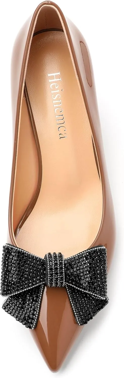 Heels for Women Closed Patent Pointed Toe Bow Pumps Slip on Kitten Low Heels Wedding Party Dress Office Shoes 2.5Inch