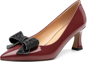 Heels for Women Closed Patent Pointed Toe Bow Pumps Slip on Kitten Low Heels Wedding Party Dress Office Shoes 2.5Inch