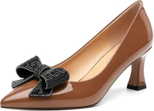 Heels for Women Closed Patent Pointed Toe Bow Pumps Slip on Kitten Low Heels Wedding Party Dress Office Shoes 2.5Inch
