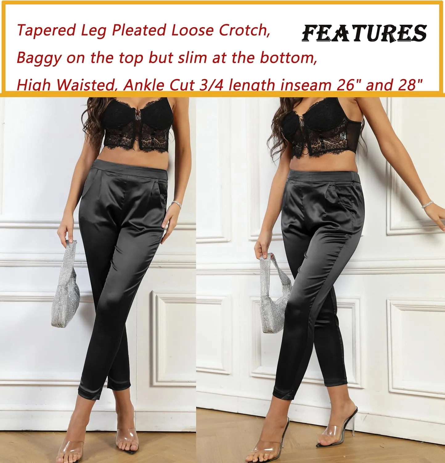 heipeiwa Women's Satin Pants Dress Casual Pleated Pull on High Waist Pants with Pockets