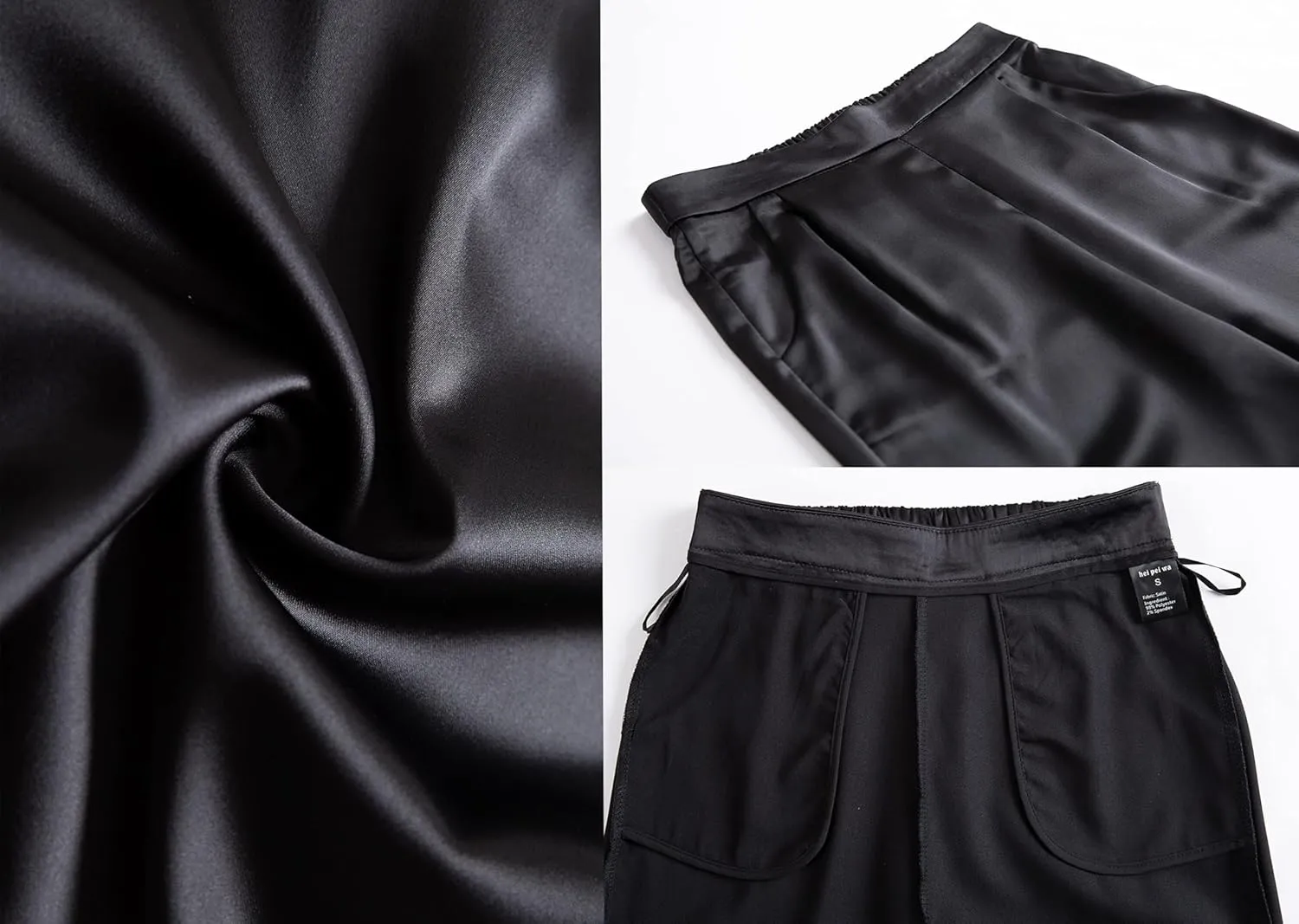heipeiwa Women's Satin Pants Dress Casual Pleated Pull on High Waist Pants with Pockets