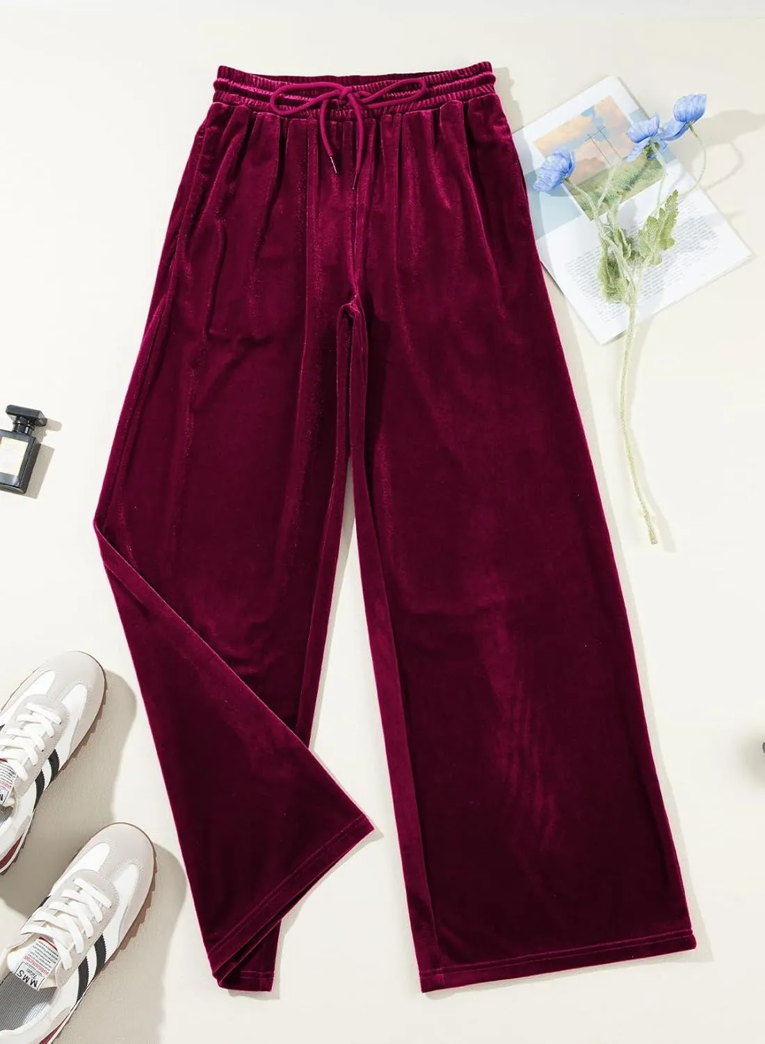 Herseas Women's Velvet Pants Drawstring Waist Wide Leg Casual Lounge Pant