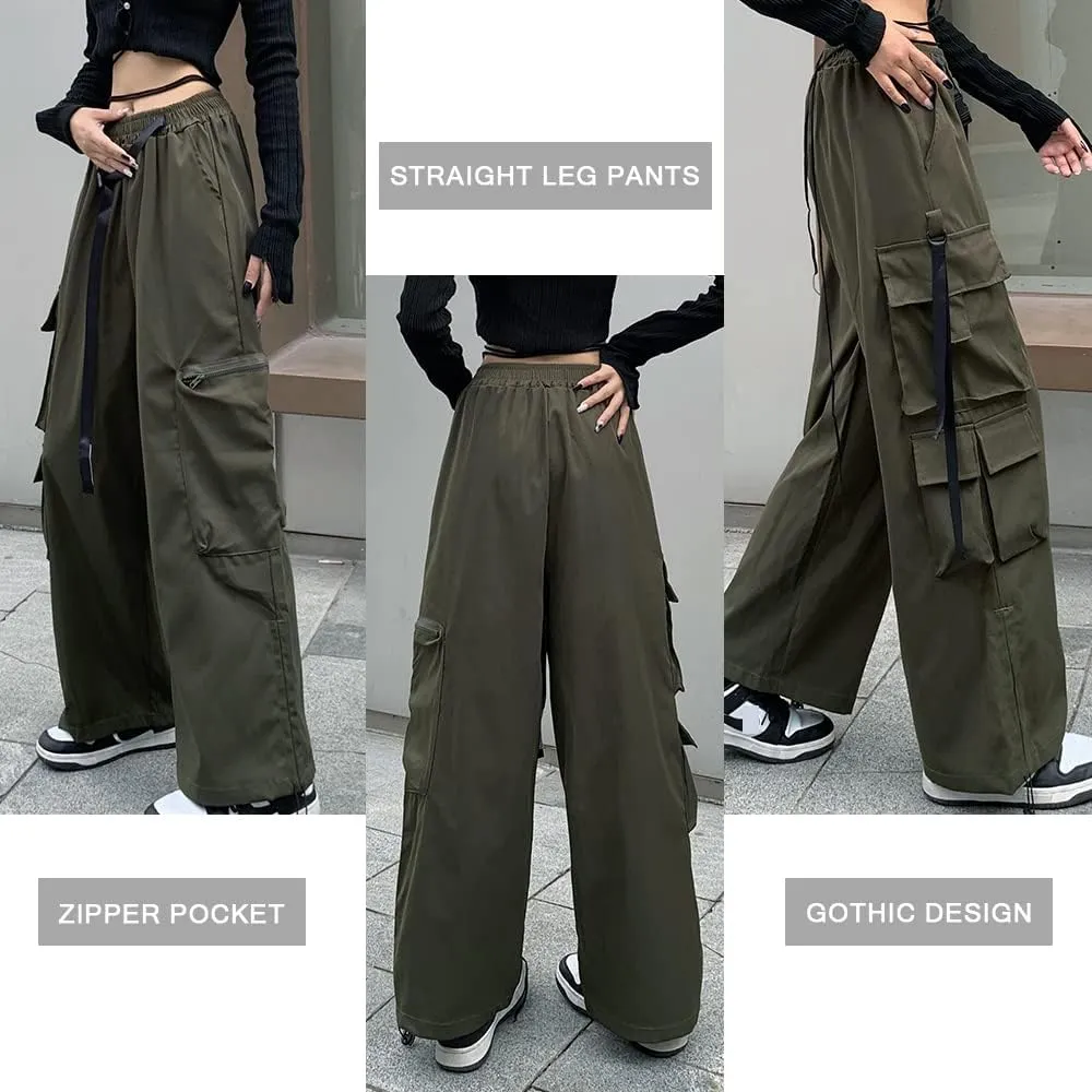 Hewlshawn Women's Cargo Pants Gothic Baggy Wide Leg Trousers Harajuku Y2k High Waisted Pants Streetwear