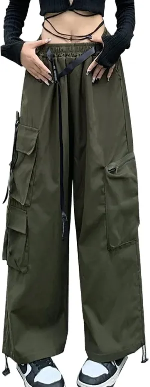 Hewlshawn Women's Cargo Pants Gothic Baggy Wide Leg Trousers Harajuku Y2k High Waisted Pants Streetwear