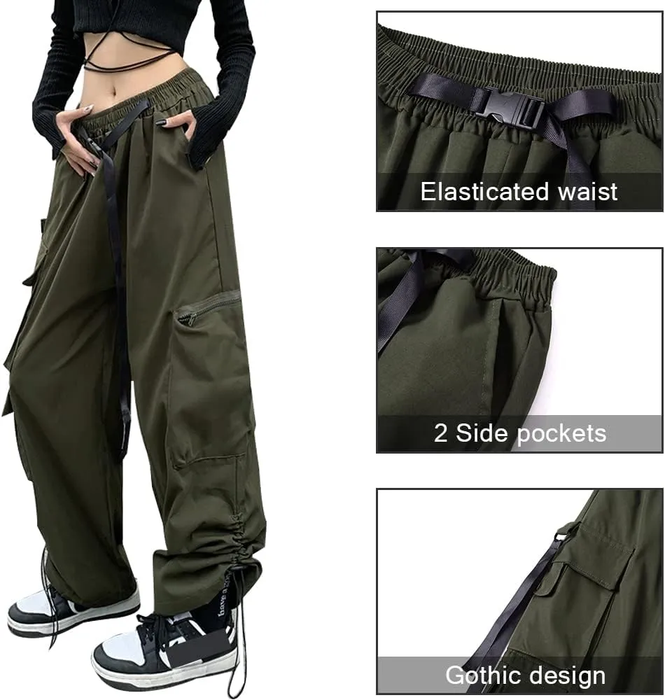 Hewlshawn Women's Cargo Pants Gothic Baggy Wide Leg Trousers Harajuku Y2k High Waisted Pants Streetwear