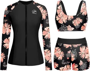 Holipick Long Sleeve Swimsuits for Women - 3 Piece Rash Guard with Shorts Zipper SPF Swim Shirt with Built in Bra
