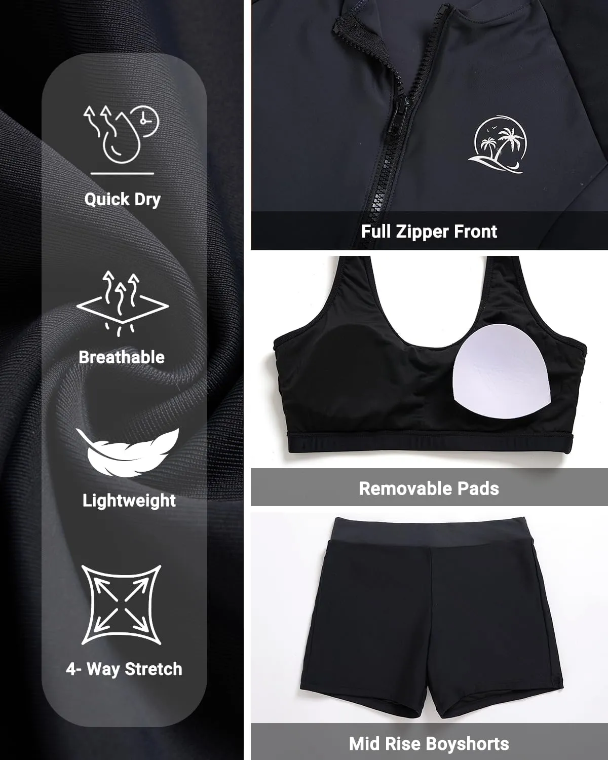 Holipick Long Sleeve Swimsuits for Women - 3 Piece Rash Guard with Shorts Zipper SPF Swim Shirt with Built in Bra
