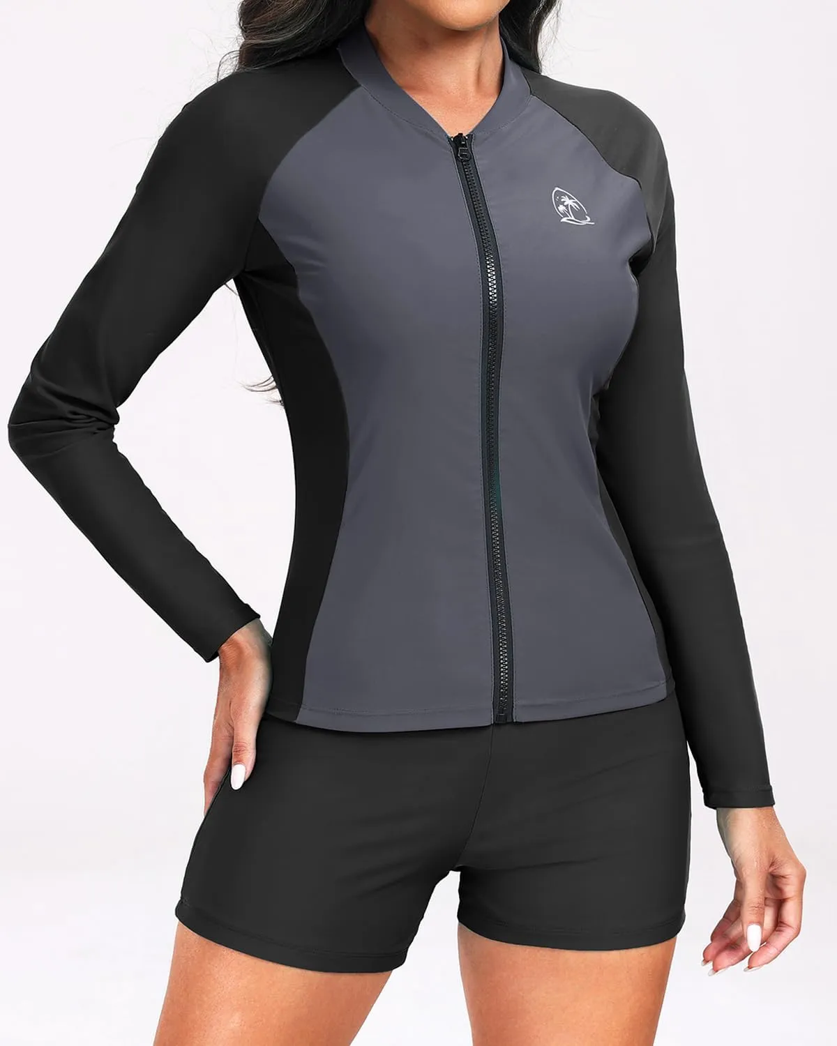 Holipick Long Sleeve Swimsuits for Women - 3 Piece Rash Guard with Shorts Zipper SPF Swim Shirt with Built in Bra