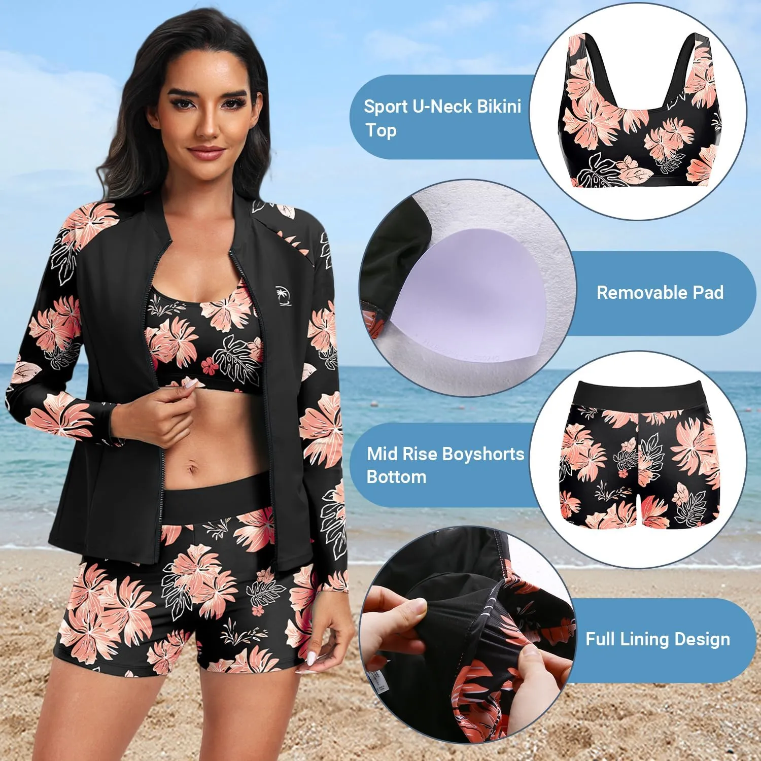 Holipick Long Sleeve Swimsuits for Women - 3 Piece Rash Guard with Shorts Zipper SPF Swim Shirt with Built in Bra