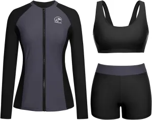 Holipick Long Sleeve Swimsuits for Women - 3 Piece Rash Guard with Shorts Zipper SPF Swim Shirt with Built in Bra