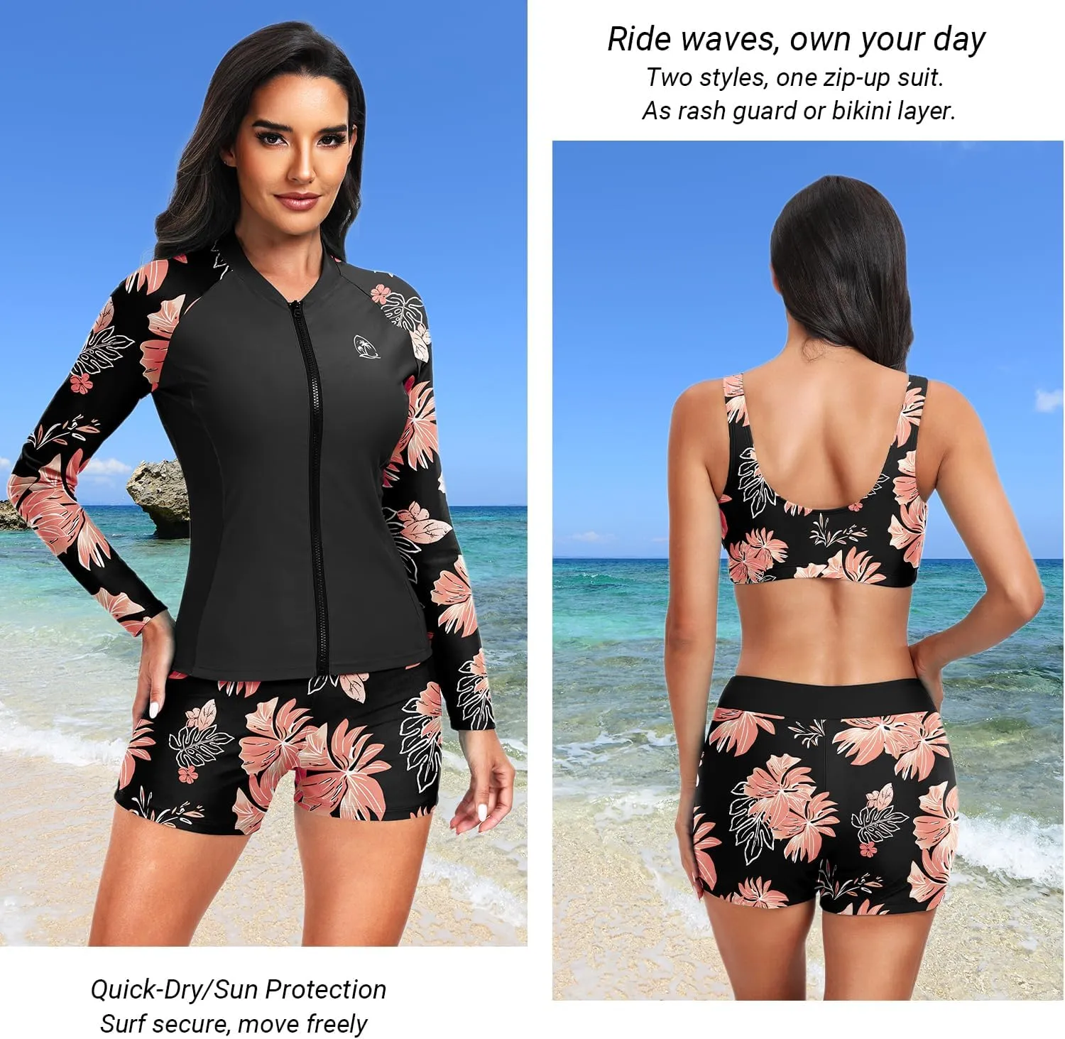 Holipick Long Sleeve Swimsuits for Women - 3 Piece Rash Guard with Shorts Zipper SPF Swim Shirt with Built in Bra