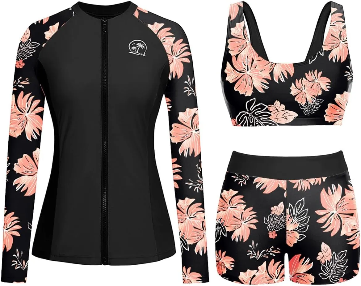 Holipick Long Sleeve Swimsuits for Women - 3 Piece Rash Guard with Shorts Zipper SPF Swim Shirt with Built in Bra