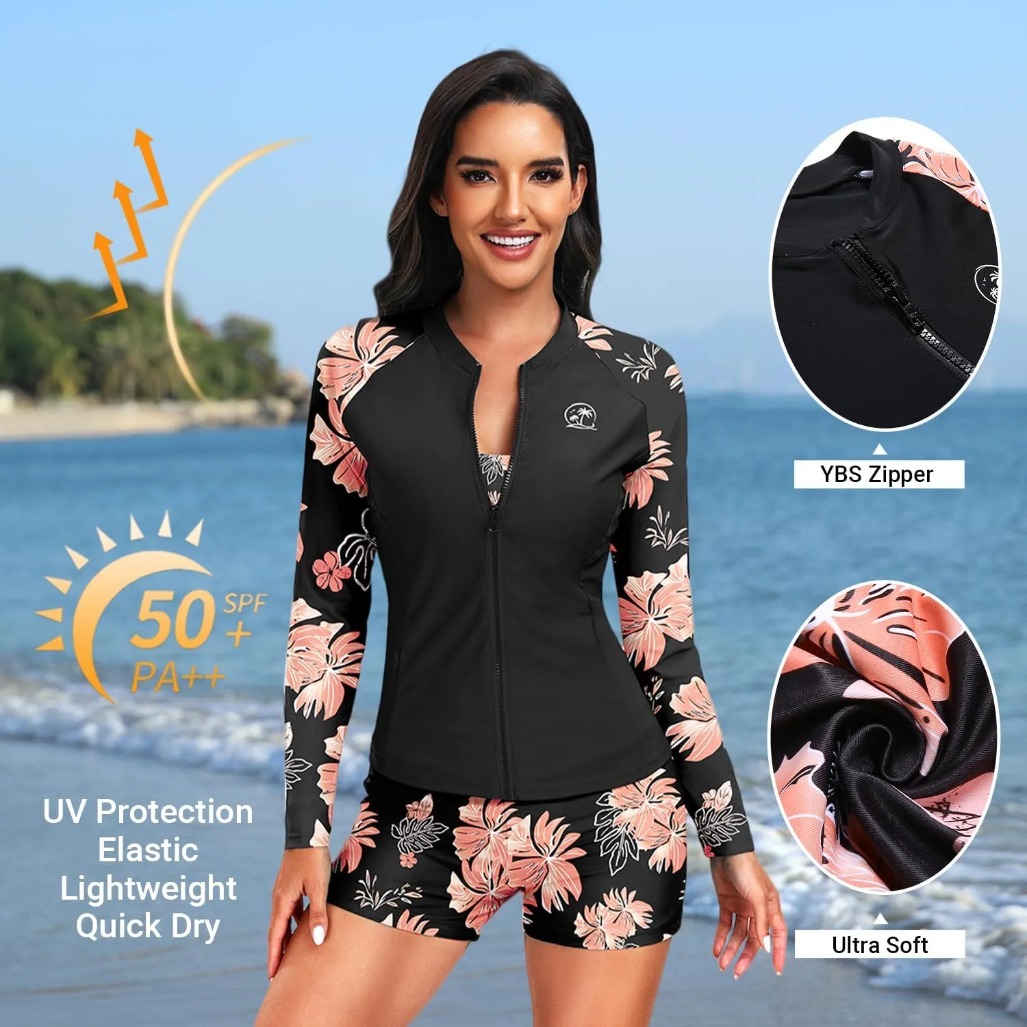 Holipick Long Sleeve Swimsuits for Women - 3 Piece Rash Guard with Shorts Zipper SPF Swim Shirt with Built in Bra