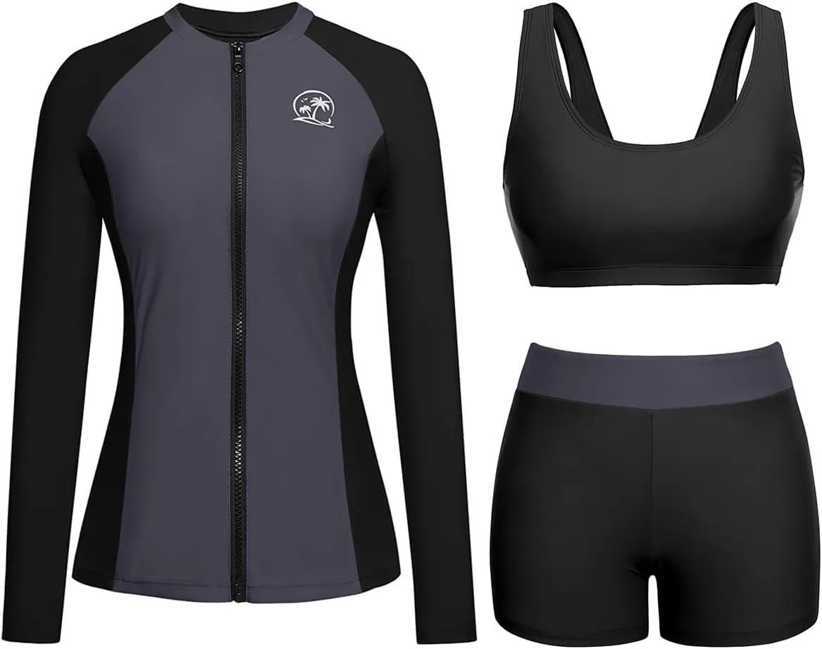 Holipick Long Sleeve Swimsuits for Women - 3 Piece Rash Guard with Shorts Zipper SPF Swim Shirt with Built in Bra
