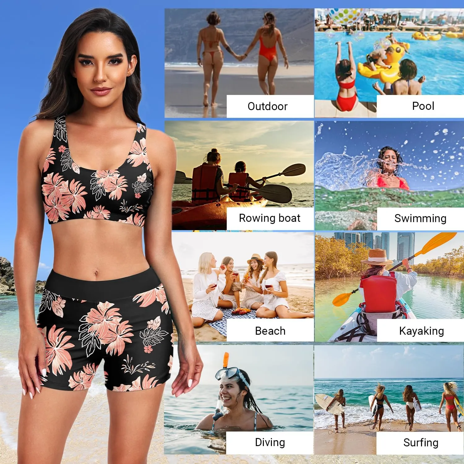 Holipick Long Sleeve Swimsuits for Women - 3 Piece Rash Guard with Shorts Zipper SPF Swim Shirt with Built in Bra