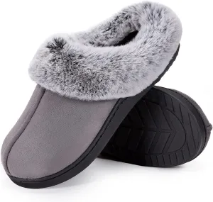 HomeTop Women's Classic Microsuede Memory Foam Slippers Durable Rubber Sole with Warm Faux Fur Collar
