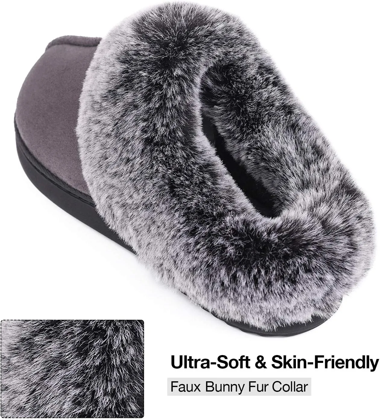HomeTop Women's Classic Microsuede Memory Foam Slippers Durable Rubber Sole with Warm Faux Fur Collar